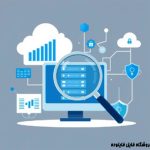 "تصویر مفهومی ارزیابی ریسک فناوری اطلاعات شامل ذره‌بین، سرور کامپیوتر، نمودارهای دیجیتال، و نمادهای امنیت سایبری"