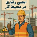 کارگر ساختمانی با کلاه ایمنی زرد و جلیقه نارنجی در حال نظارت بر ساخت‌وساز آپارتمان با جرثقیل‌های بزرگ در پس‌زمینه