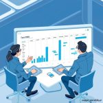 "تصویر تیم مدیریت پروژه در حال بررسی داده‌ها و نمودارها در دفتر مدیریت پروژه (PMO)"